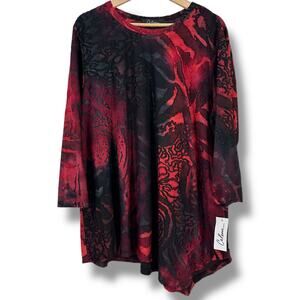 New Calessa Abstract Animal Burnout Tie Dye Tunic Top Shirt Plus Sz 3X Red Black